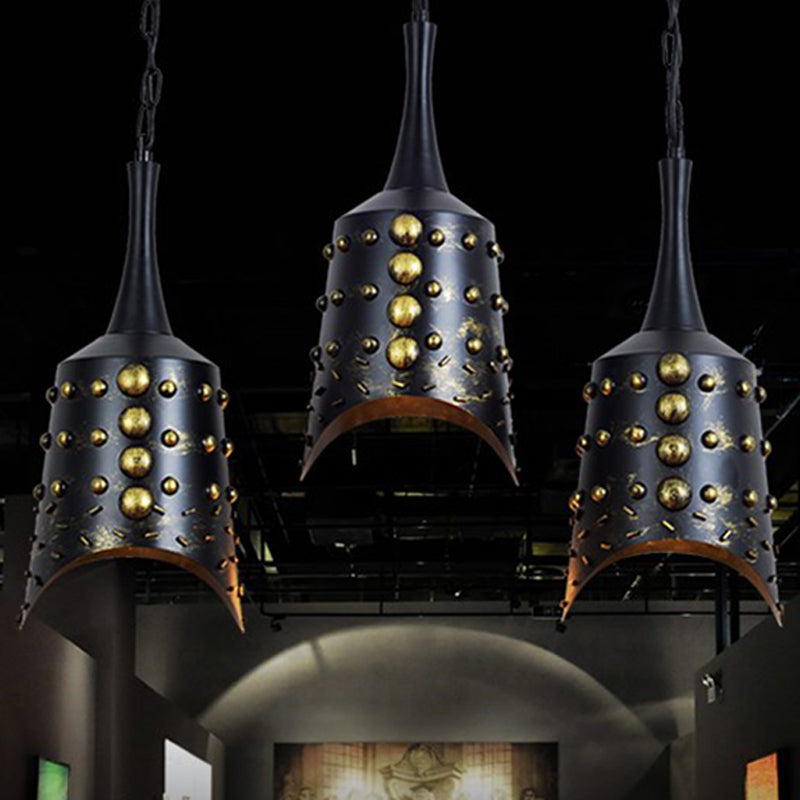 Black Iron Cone Pendant Light Set With 3 Hanging Ceiling Fixtures And Ruffle Edge For Kitchen