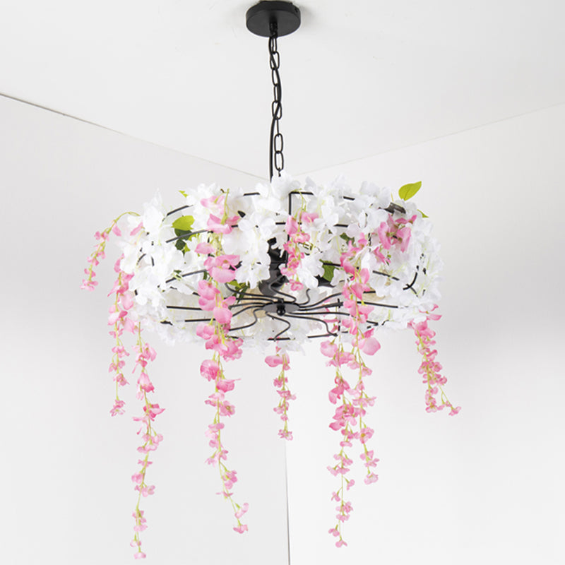 Vintage Iron Cage Chandelier With Cherry Blossom - Restaurant Suspension Lamp (3/5-Light Black)