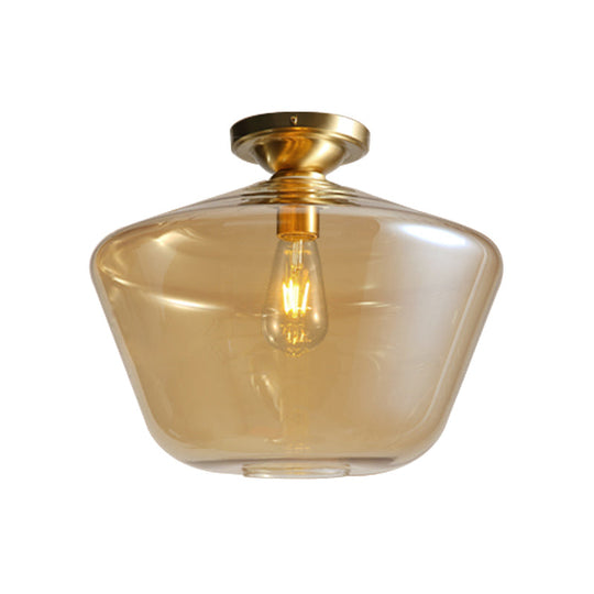 Brass Ceiling Lamp - Diamond Shaped Flush Mount Mid Century Cognac Glass Single 9/15 Wide