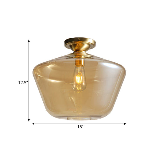 Brass Ceiling Lamp - Diamond Shaped Flush Mount Mid Century Cognac Glass Single 9/15 Wide