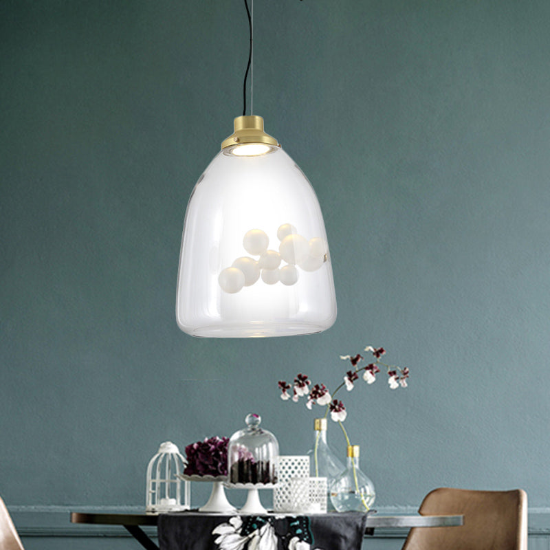 Modern Clear Glass & Gold Pendant Light With Inner Bubble Decoration - Minimalist Design / Long Cone