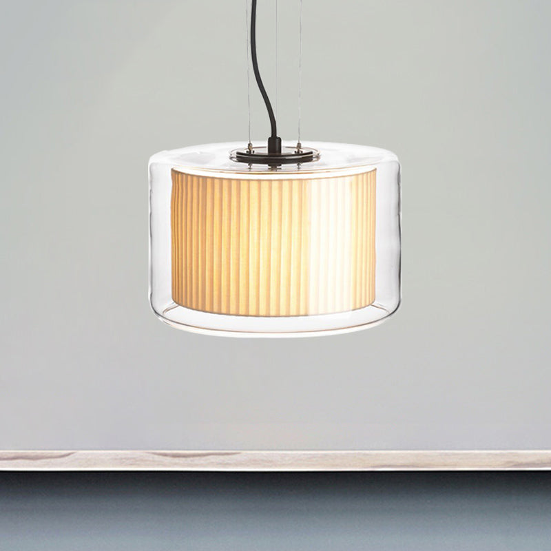 Gathered Fabric Drum Pendant Lamp: Modern Beige 1-Light With Transparent Glass Shade