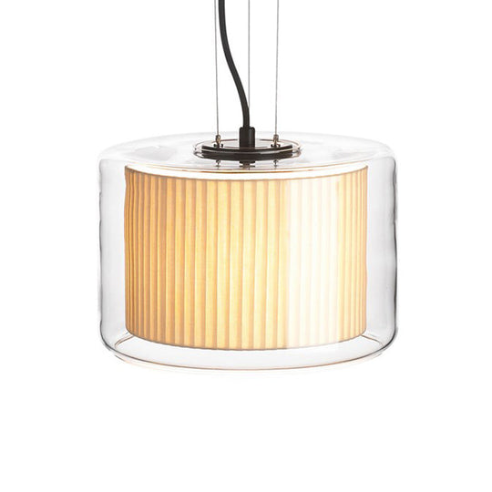Gathered Fabric Drum Pendant Lamp: Modern Beige 1-Light With Transparent Glass Shade