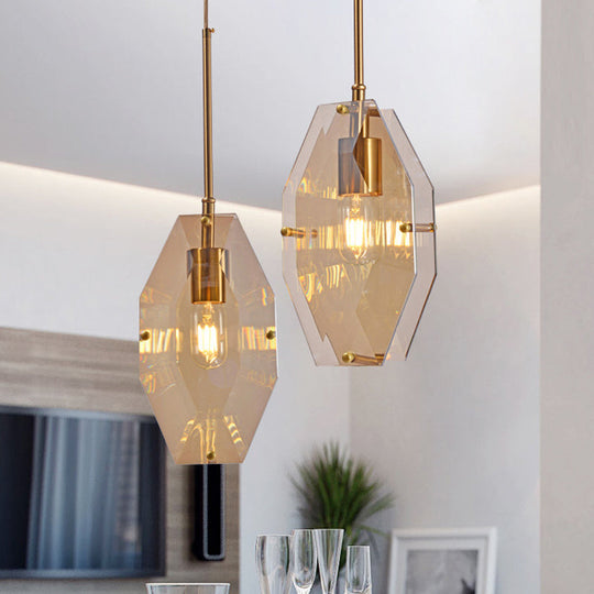 Mid-Century Amber Glass Bedside Pendant Light with Brass Finish - Double Diamond Design, Single Bulb Hanging Fixture