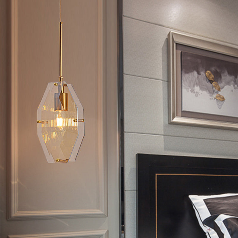 Mid-Century Amber Glass Bedside Pendant Light with Brass Finish - Double Diamond Design, Single Bulb Hanging Fixture