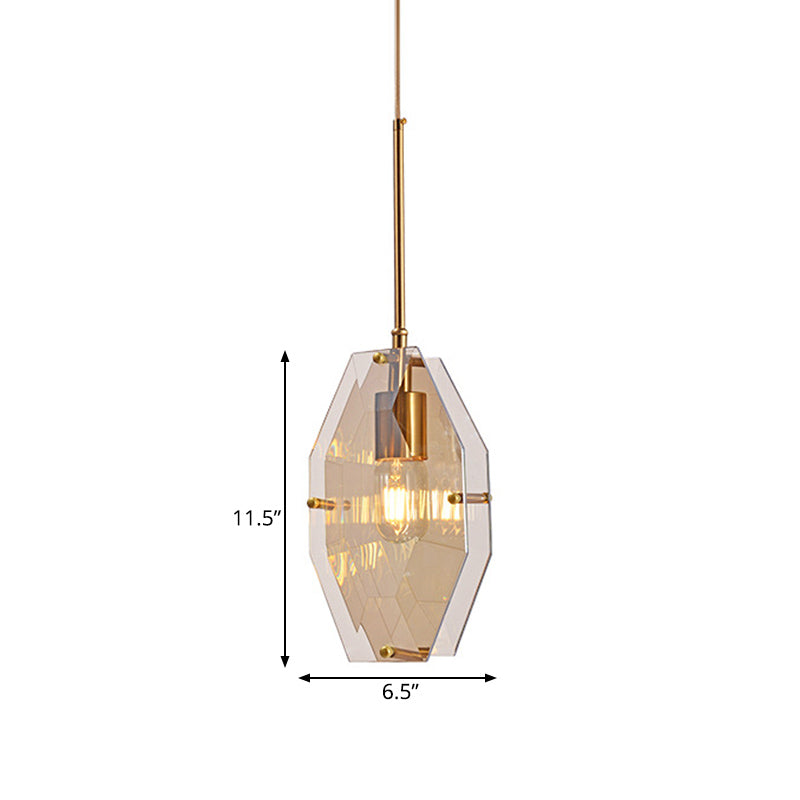 Mid-Century Amber Glass Pendant Light - Double Diamond Sheet Ceiling Hanging Lamp With Brass Finish