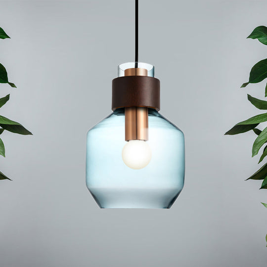Blue Glass Bottle Pendulum Light - Retro Style Hanging Pendant With Wood Ring Lock