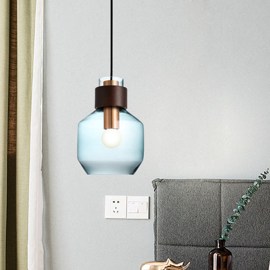 Blue Glass Bottle Pendulum Light - Retro Style Hanging Pendant With Wood Ring Lock