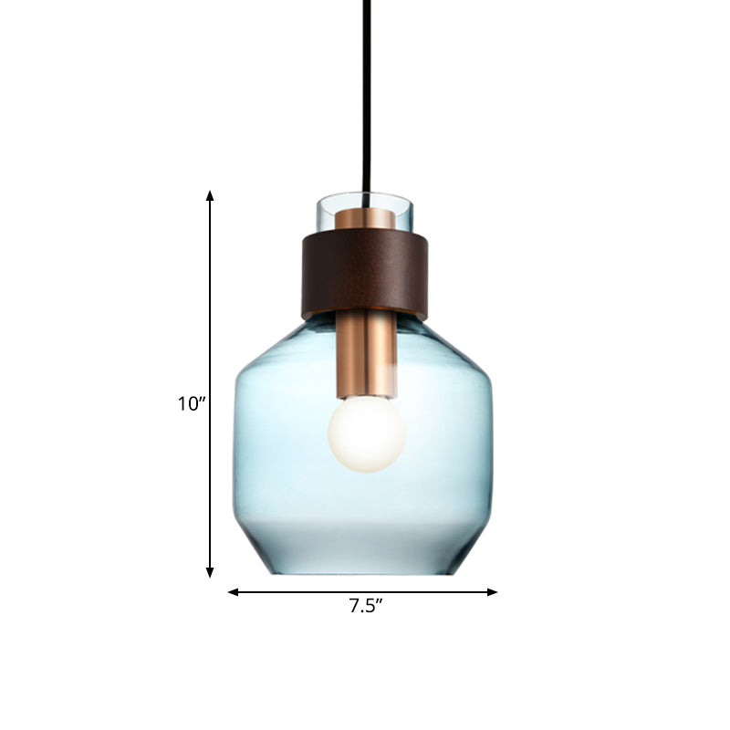 Retro Single Hanging Pendant Light: Blue Glass Bottle with Wood Ring Lock