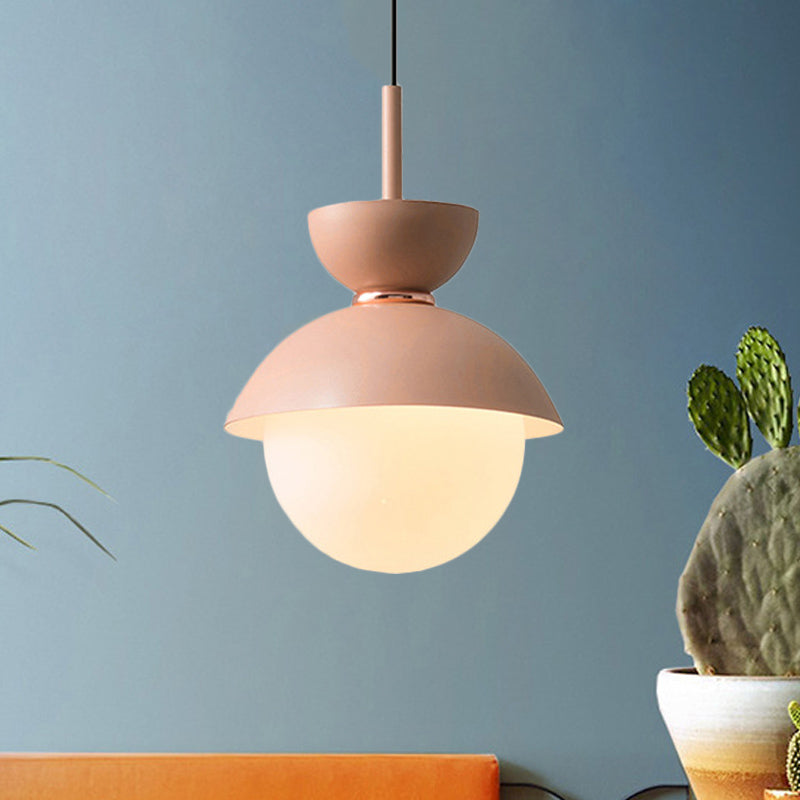 Macaron 1-Light Pink Bowl Pendant Lighting with Frosted Glass Diffuser - Stylish Iron Hanging Lamp Kit