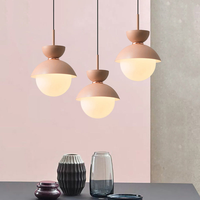 Macaron 1-Light Pink Bowl Pendant Lighting with Frosted Glass Diffuser - Stylish Iron Hanging Lamp Kit