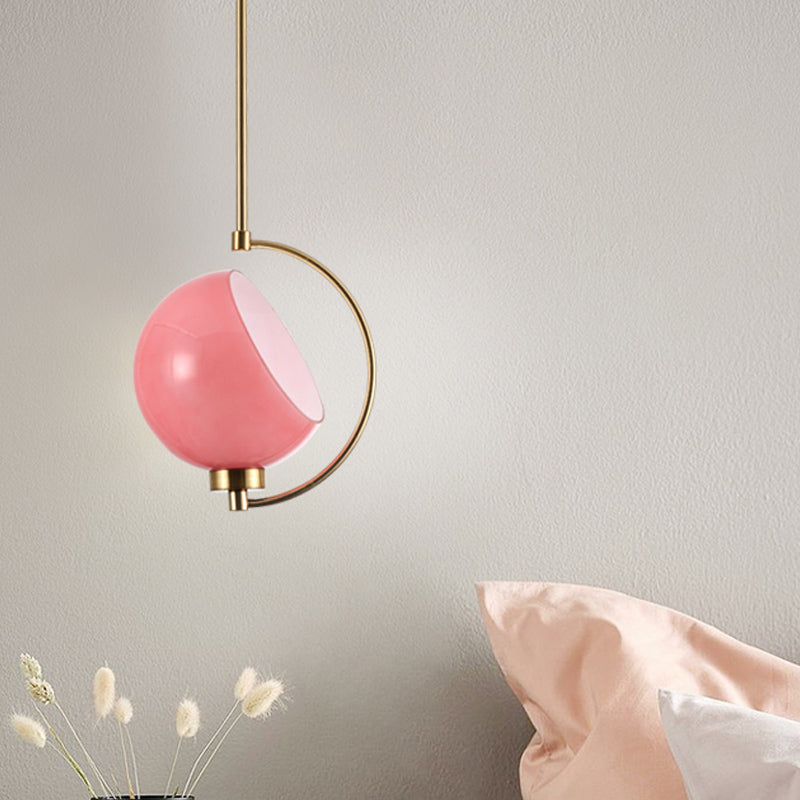 Macaron Pink Hand Blown Glass Hemispherical Hanging Light Kit - 1 Head Bedside Pendant