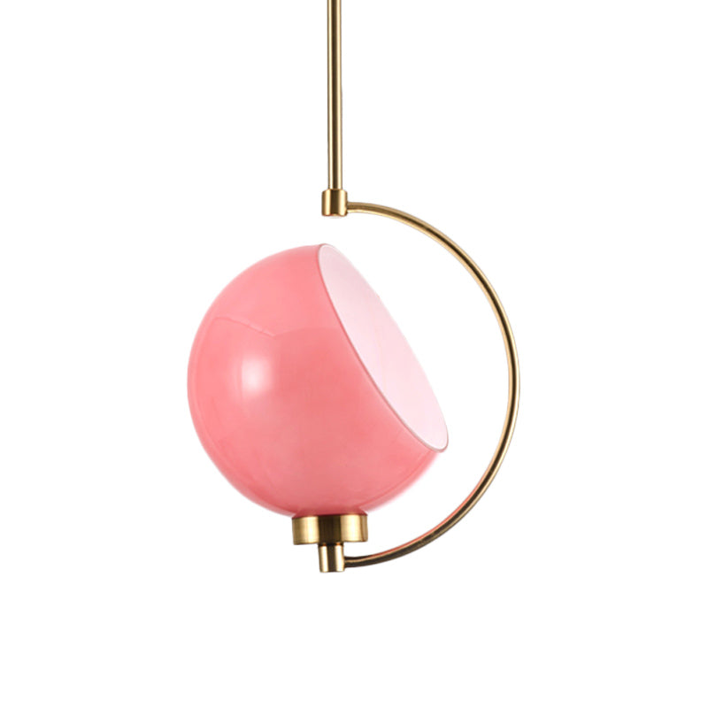 Macaron Pink Hand Blown Glass Hanging Pendant Light Kit - Curved Arm, 1 Head Bedside Drop Design