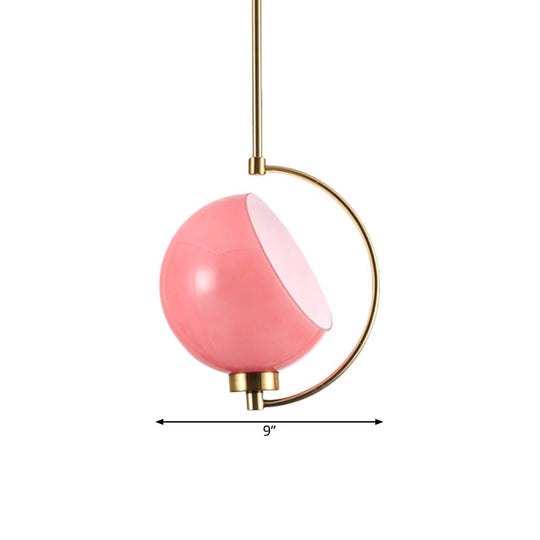 Macaron Pink Hand Blown Glass Hemispherical Hanging Light Kit - 1 Head Bedside Pendant