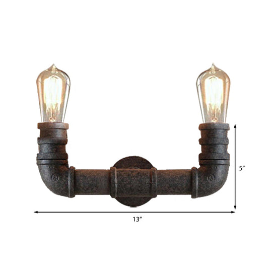 Rustic U-Shaped Wall Sconce Lighting With Wrought Iron Pipe - 2 Lights In Weathered Bronze