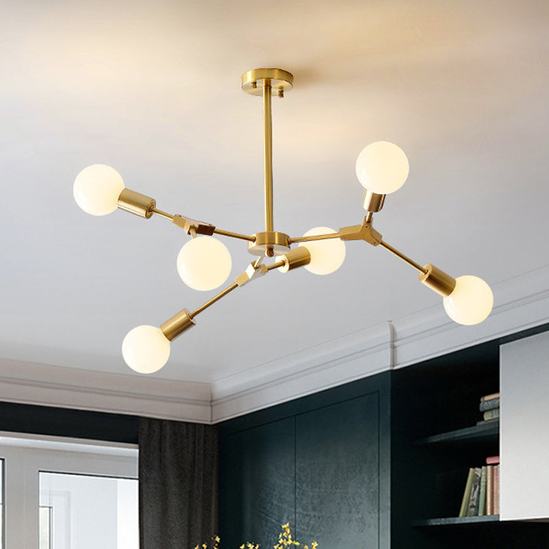 Rotatable Semi Flush Mount Ceiling Light With Brass Branches & Open Bulb Design - Modernistic 6-Head