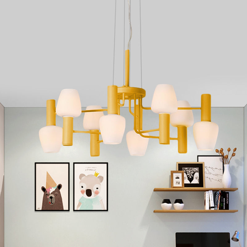 Macaron Pink/Yellow/Blue Lounge Ceiling Chandelier With 8 Bulbs And Milk Glass Up/Down Bottle Shades