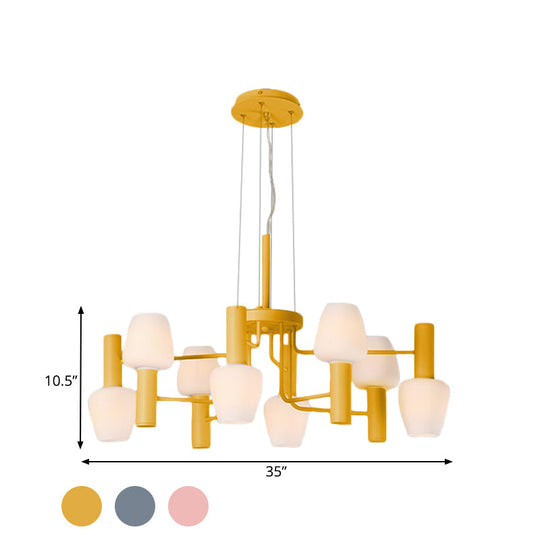 Macaron Pink/Yellow/Blue Lounge Chandelier with Milk Glass Shades - 8 Bulbs Hanging Lamp