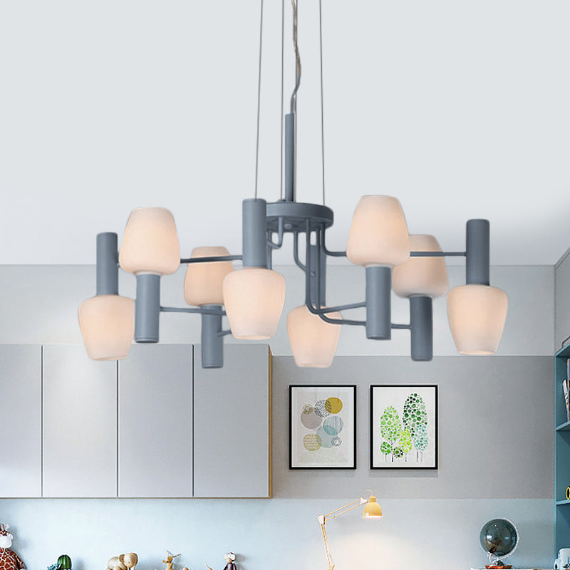 Macaron Pink/Yellow/Blue Lounge Chandelier with Milk Glass Shades - 8 Bulbs Hanging Lamp
