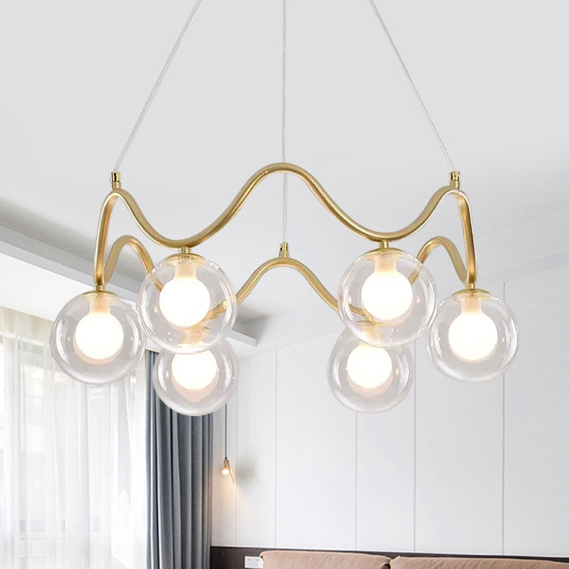 Modern Brass Chandelier With 6-Lights Iron Wave Pendant Ceiling Light Clear/White Double Ball Glass