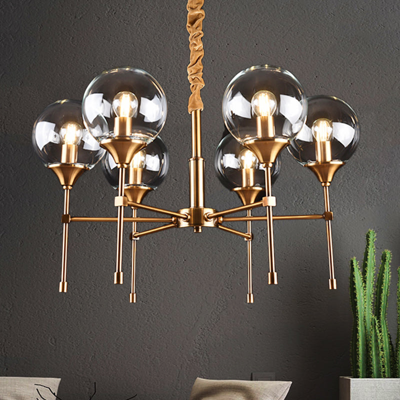 Retro Brass Burst Suspension Lamp - 6 Head Clear Glass Chandelier For Dining Table