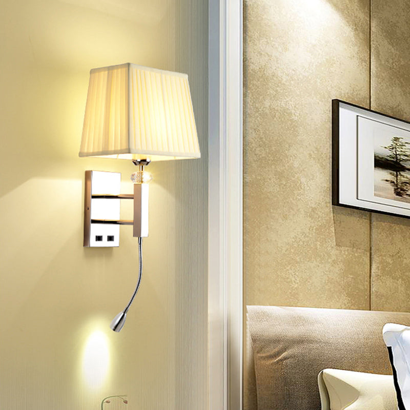 Contemporary Led Wall Sconce In Chrome For Living Room - Tapered Fabric Design / With Spot Light