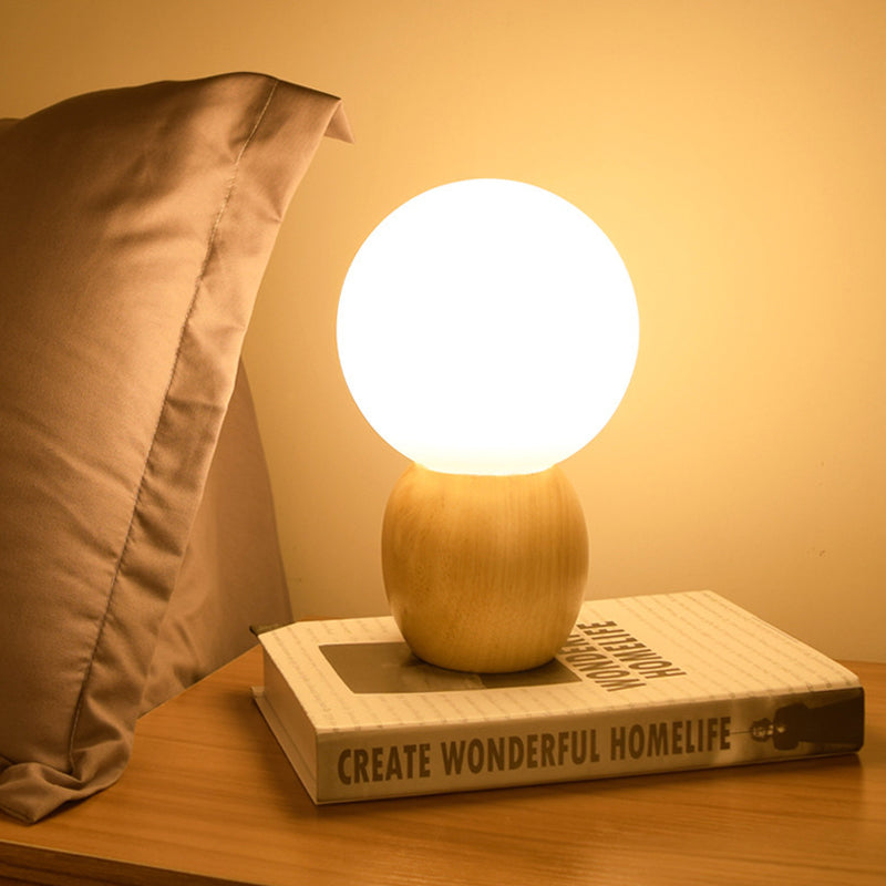Minimalist Frosted Glass Bedside Table Lamp With Wooden Base - Orb Design Wood
