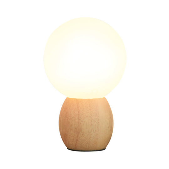 Minimalist Frosted Glass Bedside Table Lamp With Wooden Base - Orb Design