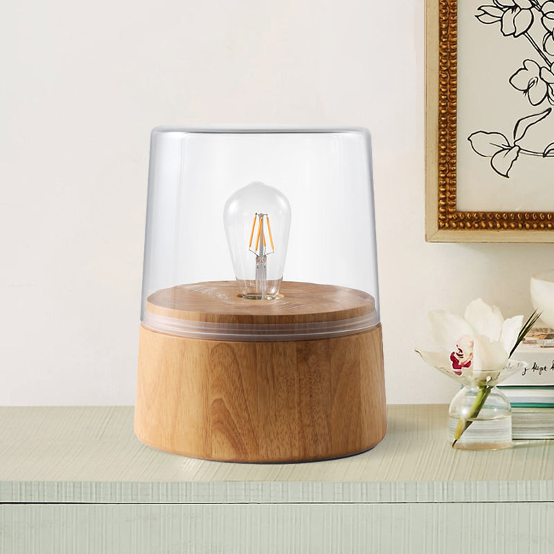 Nordic Translucent Glass Jar Table Lamp With Wood Round Pedestal - 1 Light Nightstand Lighting