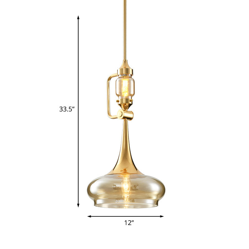Amber Glass Trumpet Pendant Colonial 2-Light Ceiling Fixture Gold Finish - Ideal For Restaurants!