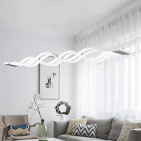 Lámpara colgante lineal Iron Surge con diseño LED blanco minimalista en luz blanca/cálida para mesa