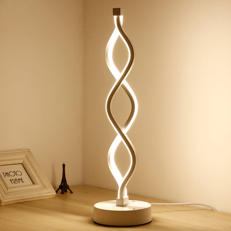 White Led Nightstand Light With Recessed Diffuser - Minimalist Winding Iron Table Lamp