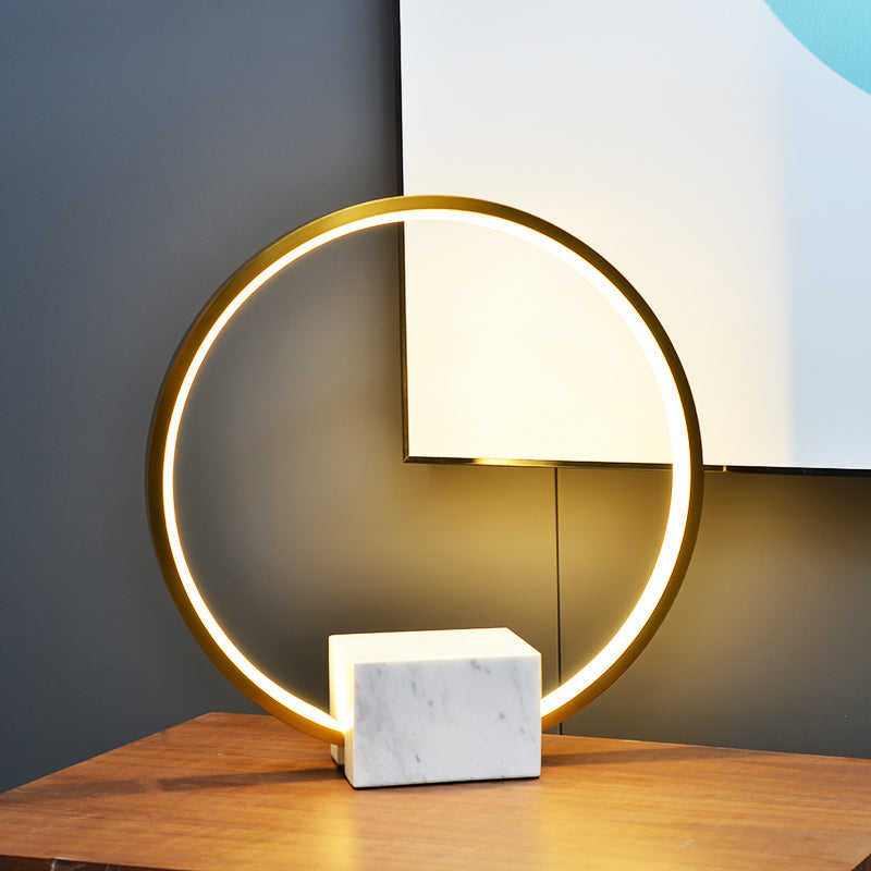 Minimalist Gold Hoop Led Table Lamp With Marble Block Pedestal