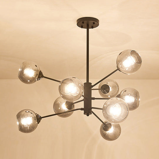 Smoke Grey Glass Ball Chandelier - Postmodernism Style 9-Head Black Pendant Ceiling Light