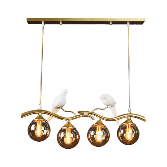 Postmodern Iron Pendant Light With 4-Lights Black/Gold Finish Amber Ball Glass Shade Bird Deco -
