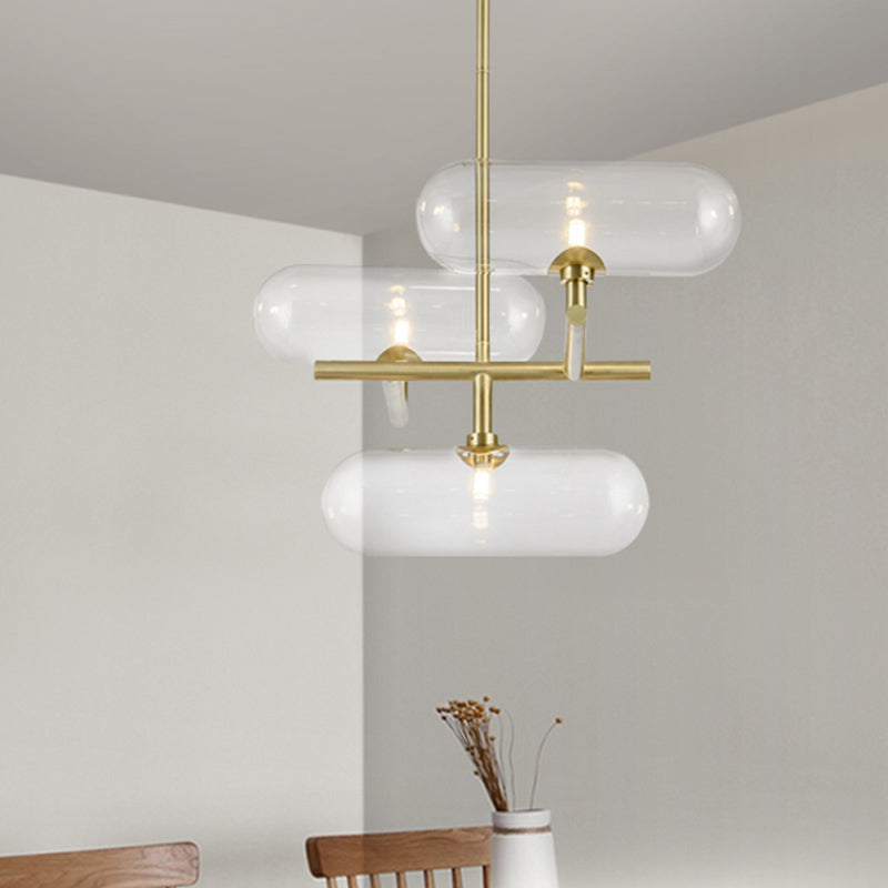Modern Brass Pendant Chandelier With Clear Glass Shades - 3-Light Dining Room Ceiling Lighting