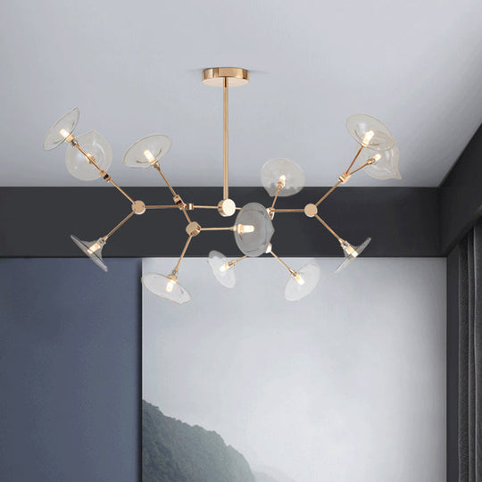 Modern Gold Branched Chandelier With Cognac Glass Shades 12 Heads Pendant Light For Living Room