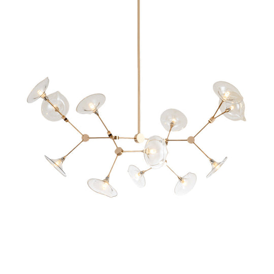 Modern Gold Branched Chandelier With Cognac Glass Shades 12 Heads Pendant Light For Living Room