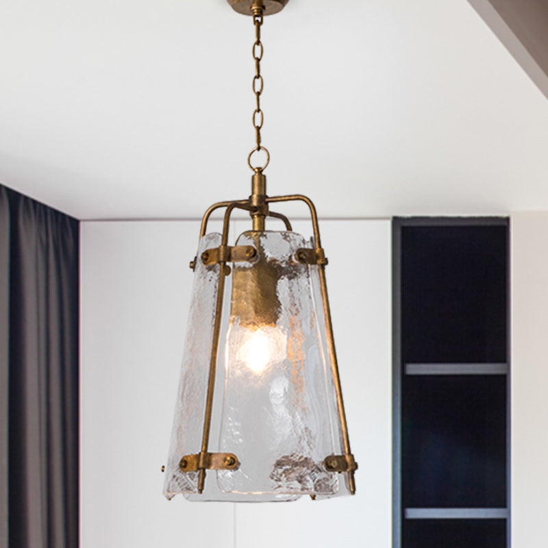 Gold Metal Cage Pendant Light With Clear Ripple Glass - Traditional Conical Design 1 Bulb