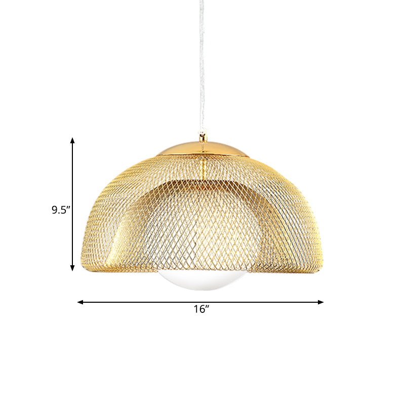 Vintage Opal Matte Glass Globe Pendant Light - 12"/16" Wide - 1 Light Hanging Lamp in Gold with Dual Mesh Screen