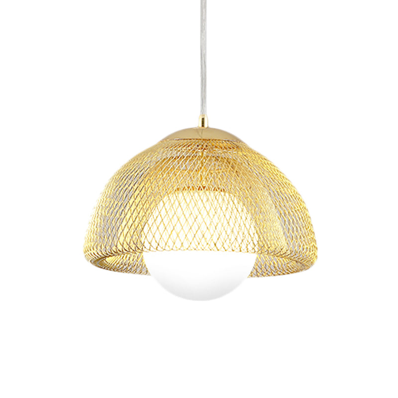 Vintage Opal Matte Glass Globe Pendant Light - 12"/16" Wide - 1 Light Hanging Lamp in Gold with Dual Mesh Screen