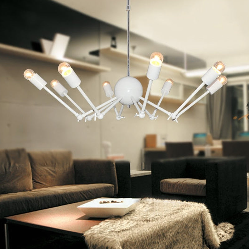 Modern White Spider Chandelier: Extendable, 8-Bulb Iron Pendant Light with Open Bulb Design