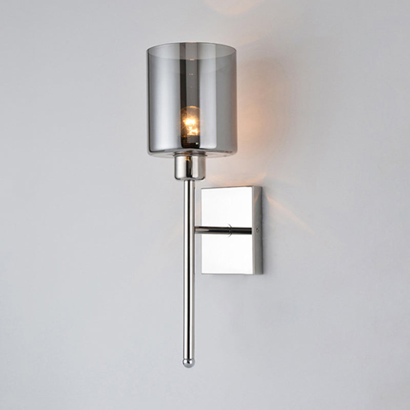 Modern Beige/Chrome Cylindrical Sconce With 1 Light Smoke/Clear Glass Wall Mount - Switch Options