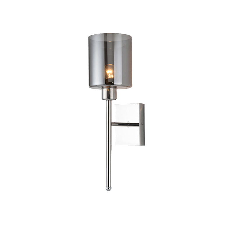 Modern Beige/Chrome Cylindrical Sconce With 1 Light Smoke/Clear Glass Wall Mount - Switch Options