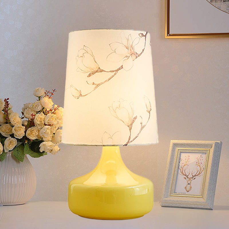 Caterina - Korean Single-Bulb Printed Fabric Night Light Korean Garden White Barrel Bedside Table Lighting with Yellow Vase Base