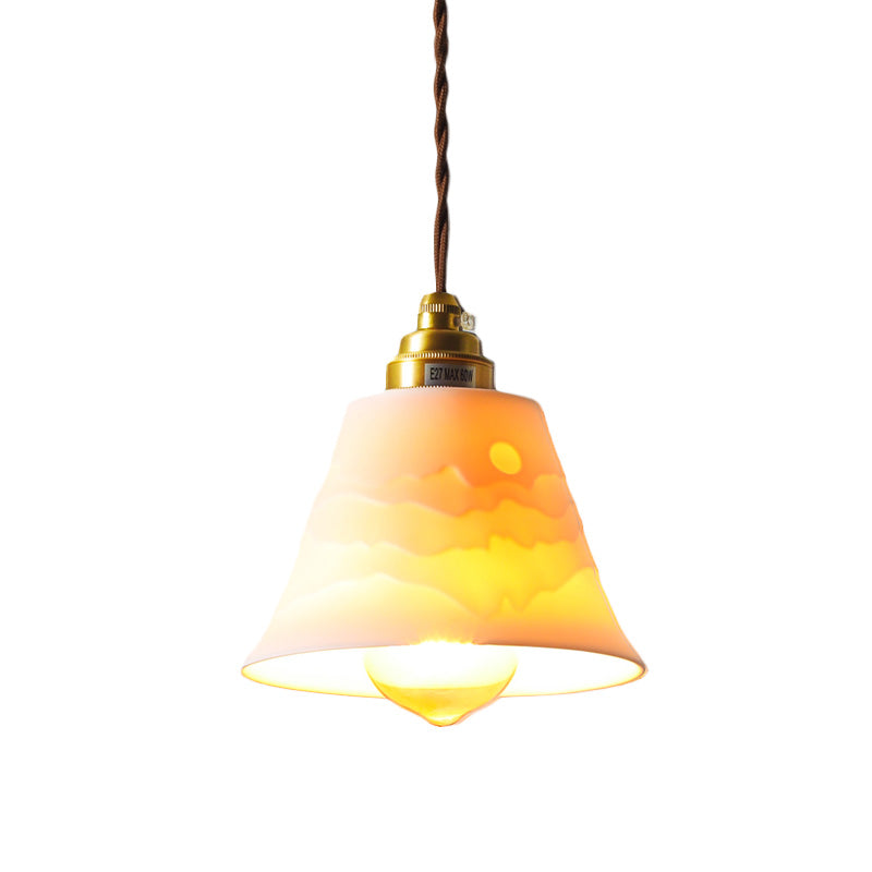 Flared Ceramic Ceiling Hanging Light Pendant Lamp With Carved Sunrise Scenery Countryside Style