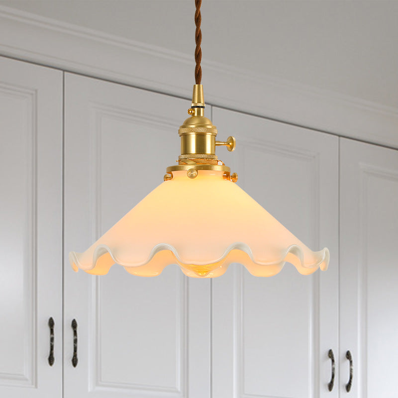 Conical Frosted Glass Drop Pendant Ceiling Lamp With Ruffle Edge For Bedroom - 1-Light Pastoral