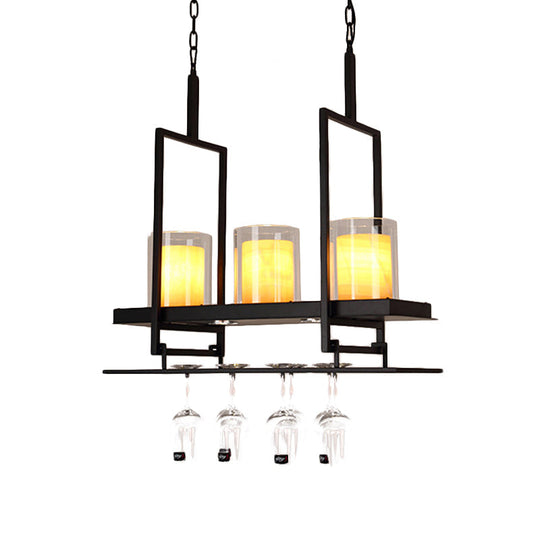 Traditional Black Marble Pendant Light With Metal Wine Glass Rack - 3/5 Heads Cylinder Island