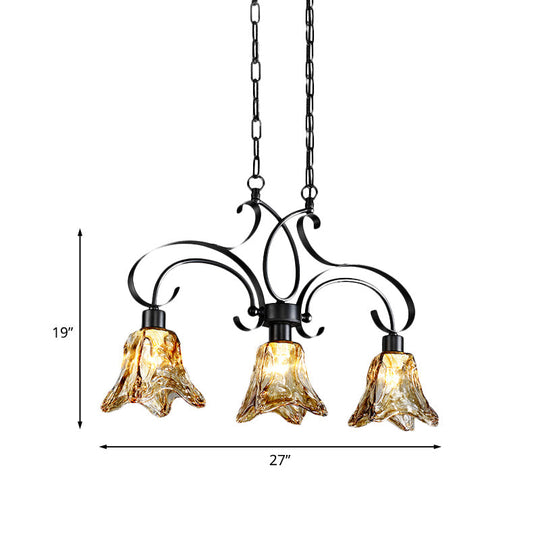 Traditional Black Island Lamp With Amber Glass Floral Design And 3 Down Lighting Pendants For Dining