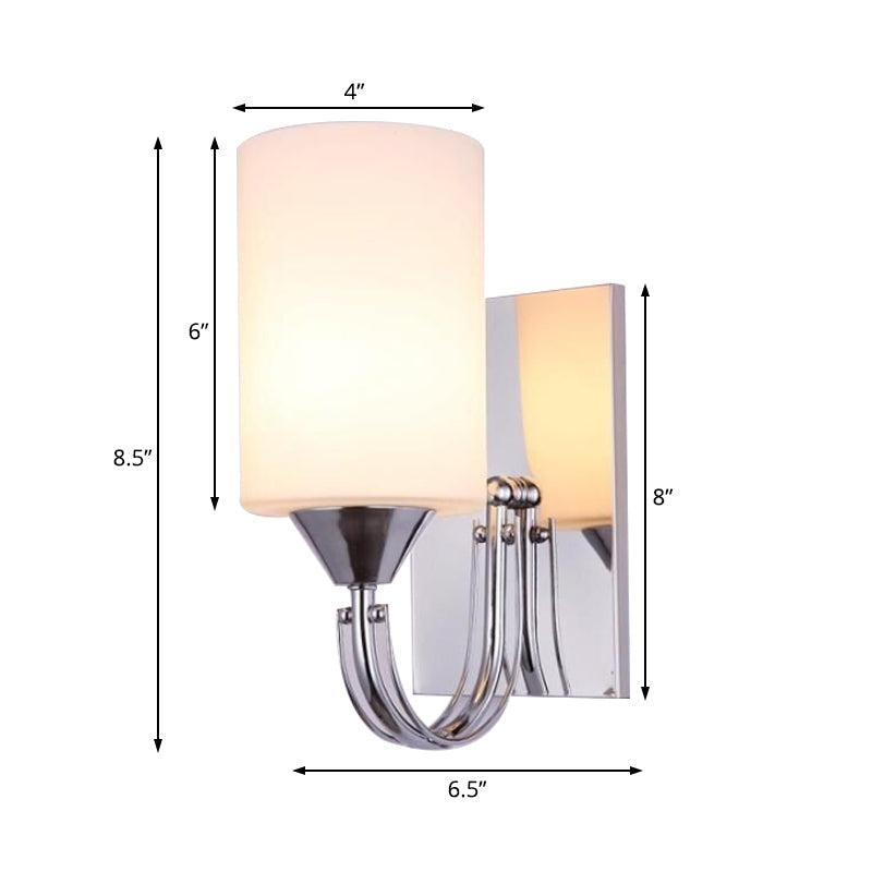 Modernist Silver Cylindrical Sconce Light: Wall-Mounted Lamp With Curved Arm & White Glass Shade